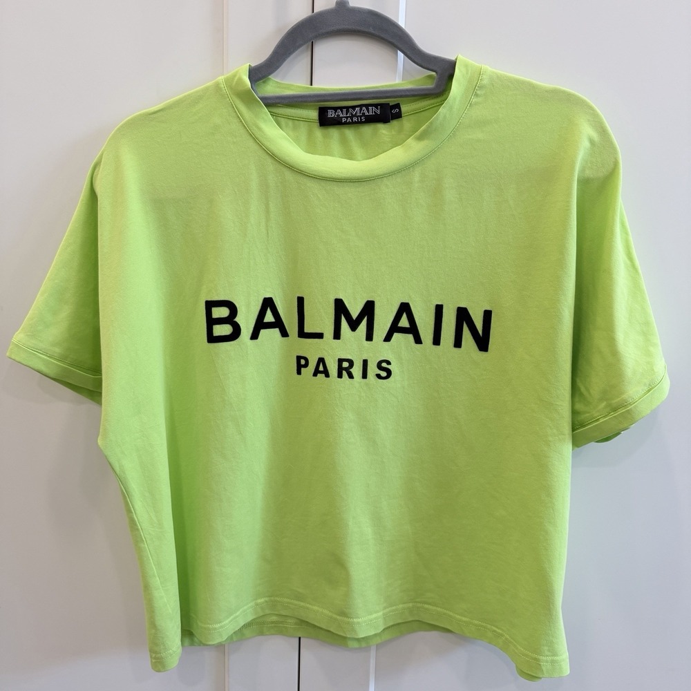 Balmain Paris Women's S Neon Green Flocked Logo Cropped T Shirt Made Italy
